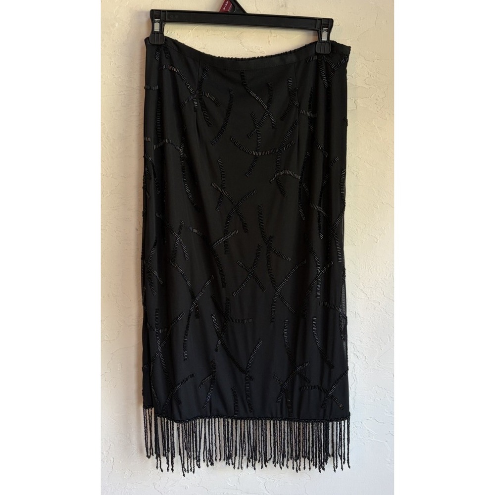 Vintage Laurence Kazar Beaded Fringe Midi Skirt S Art Deco Goth Black Whimsigoth